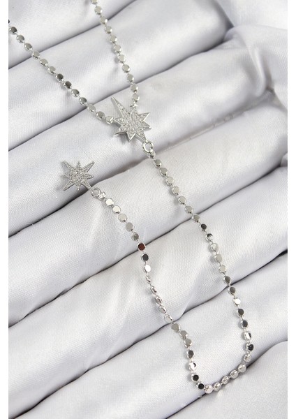 Pirinç Zirkon Taşlı Ezme Zincirli Kutup Yıldızı Model Gümüş Renk Y Kolye