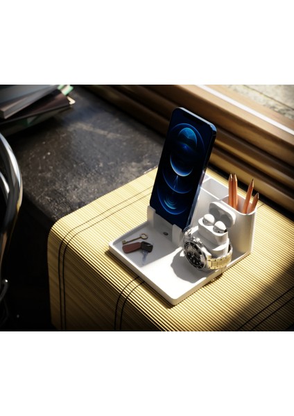 Beyaz Çok Amaçlı Masa Organizeri, Telefon, Saat, Anahtar, Kalem Düzenleyici fırsatları