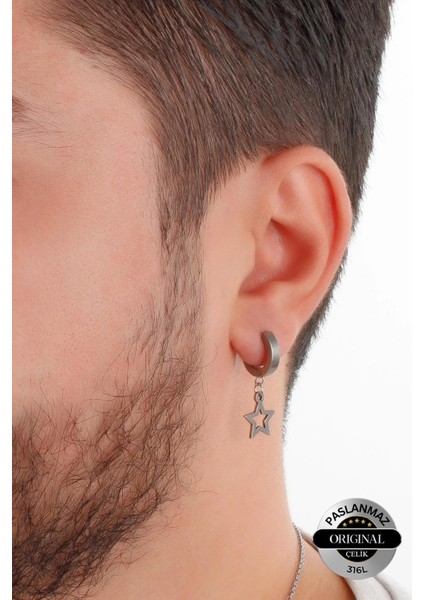 Sıkıştırmalı Trend Yıldız Model Sallantılı Erkek Çelik Gri Küpe 1 Adet