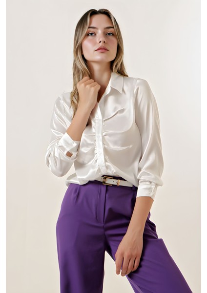 Kadın BDART Astarlı Kıvrık Düğmeli Saten Gömlek Beyaz indirimleri