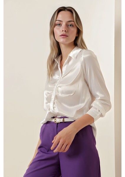 Kadın BDART Astarlı Kıvrık Düğmeli Saten Gömlek Beyaz