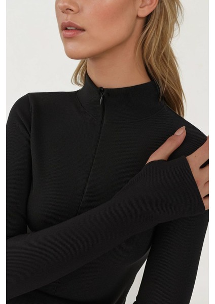 Kadın Fermuarlı Uzun Kollu Polo Aktif Üst Siyah