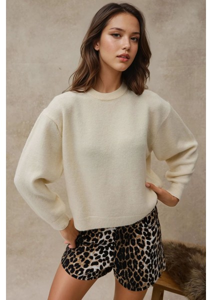 Kadın Yuvarlak Yaka Basic Kazak Natural