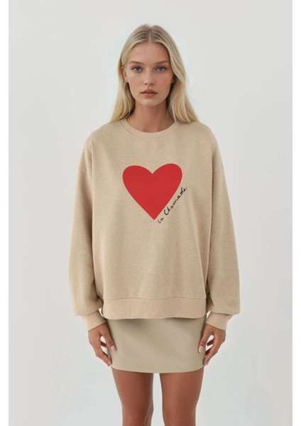 Kadın Baskılı Yuvarlak Yaka Sweatshirt Bej Doğal