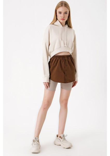 Kadın BDART Butonlu Kapüşonlu Rahat Kesim Crop Hoodie Brown indirimleri