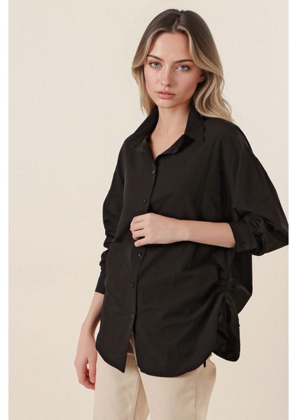 Kadın BDART Düğmeli Oversize Poplin Gömlek Siyah