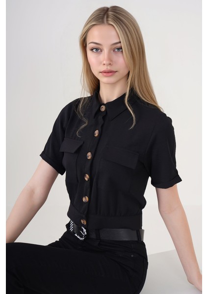 Kadın BDART Düğmeli, Çizgili, Kısa Kaban, Gömlek Yaka Black fırsatları