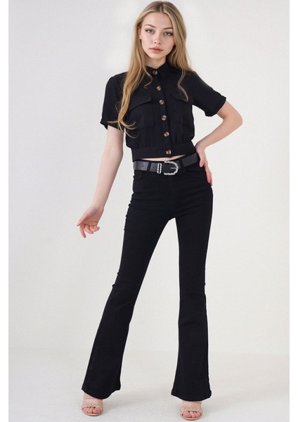 Kadın BDART Düğmeli, Çizgili, Kısa Kaban, Gömlek Yaka Black indirimleri