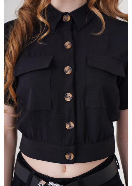 Kadın BDART Düğmeli, Çizgili, Kısa Kaban, Gömlek Yaka Black