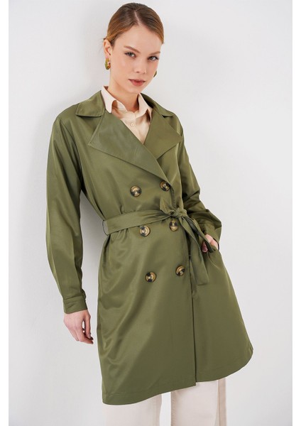 Kadın BDART Esnek Düğmeli Trençkot Haki Yeşil