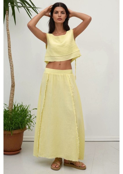 Kadın Beli Lastikli Etek-Yandan Bağlama Detaylı Bluz Müslin Takım Yellow