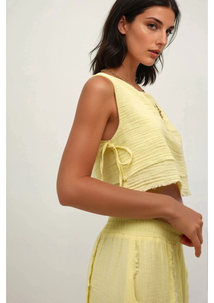 Kadın Beli Lastikli Etek-Yandan Bağlama Detaylı Bluz Müslin Takım Yellow