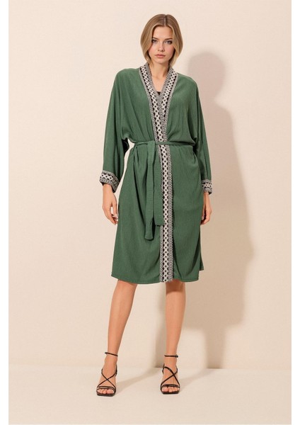 Kadın BDART Şal Yaka İşlemeli Uzun Kimono Green