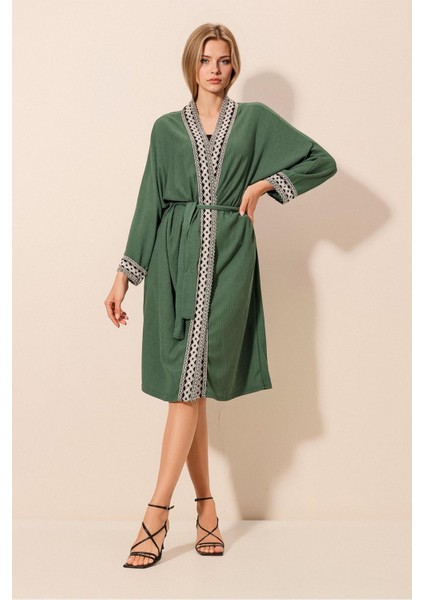 Kadın BDART Şal Yaka İşlemeli Uzun Kimono Green