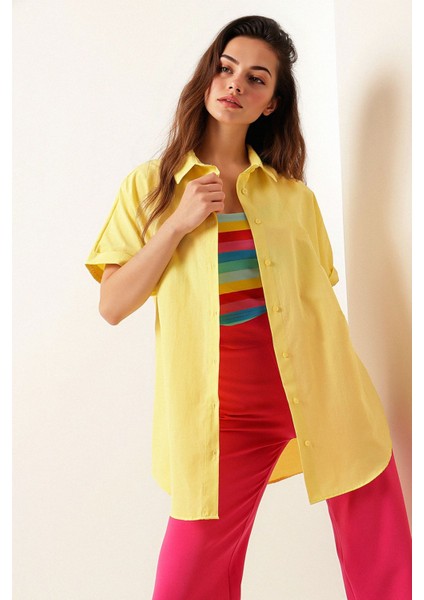 Kadın BDART Düğmeli Poplin Gömlek ve Yaka Yellow
