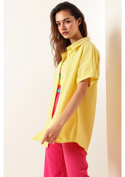 Kadın BDART Düğmeli Poplin Gömlek ve Yaka Yellow fırsatları