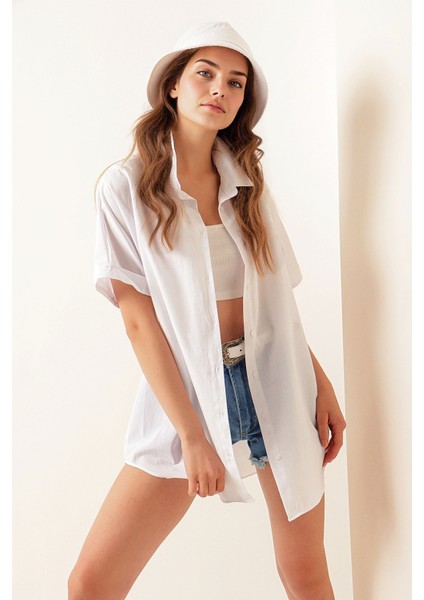 Kadın BDART Düğmeli Poplin Gömlek ve Yaka White