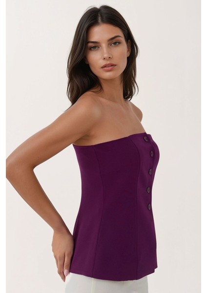 Kadın Straplez Düğmeli Fitted Üst Leylak Moru