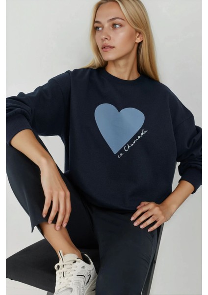 Kadın Baskılı Yuvarlak Yaka Sweatshirt Blue indirimleri