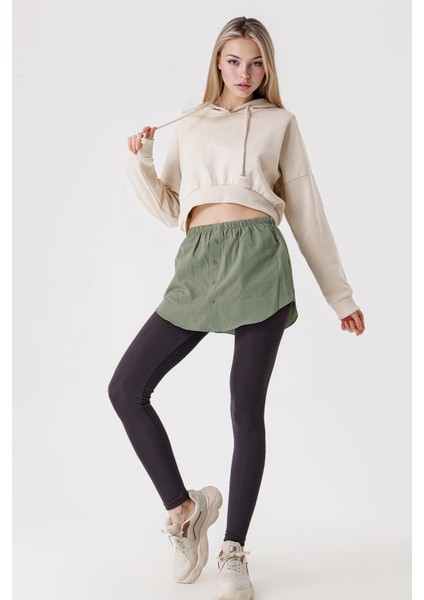 Kadın BDART Butonlu Kapüşonlu Rahat Kesim Crop Hoodie Green