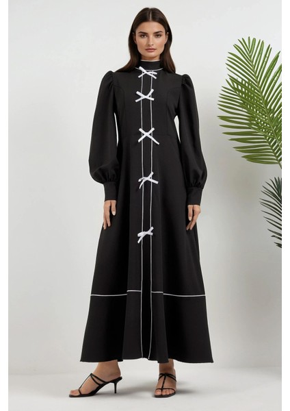 Kadın Yarım Balıkçı Yakalı Renk Bloklu Uzun Elbise Siyah