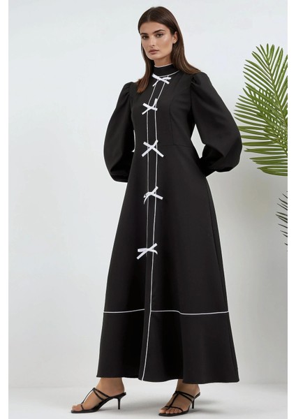 Kadın Yarım Balıkçı Yakalı Renk Bloklu Uzun Elbise Siyah