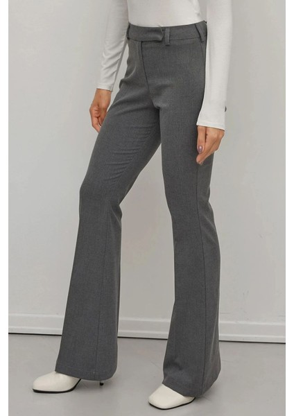 Kadın Viskon Karışımlı Flare Premium Dokuma Pantolon Grey