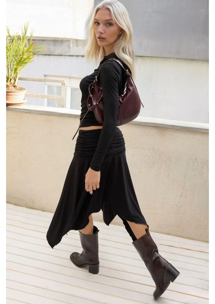 Kadın Drapeli Normal Bel Asimetrik Esnek Sandy Midi Etek Siyah