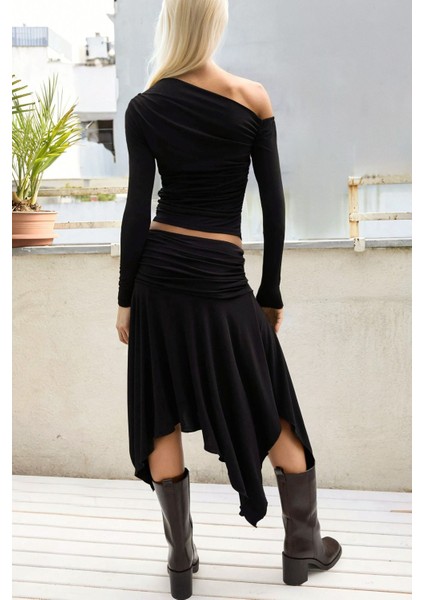 Kadın Drapeli Normal Bel Asimetrik Esnek Sandy Midi Etek Siyah