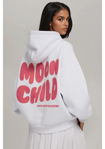Kadın Oversize Baskılı Kapüşonlu Sweatshirt White