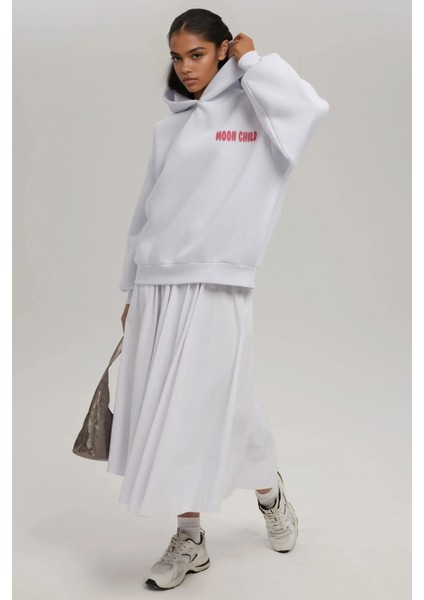 Kadın Oversize Baskılı Kapüşonlu Sweatshirt White