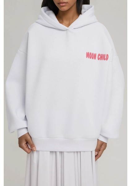 Kadın Oversize Baskılı Kapüşonlu Sweatshirt White