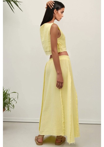 Kadın Beli Lastikli Etek-Yandan Bağlama Detaylı Bluz Müslin Takım Yellow