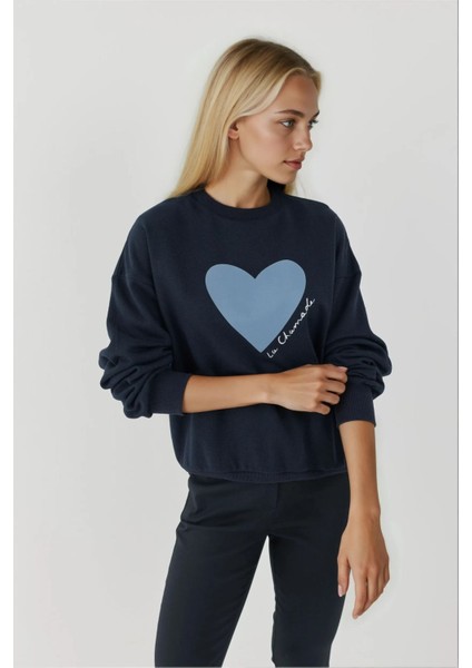 Kadın Baskılı Yuvarlak Yaka Sweatshirt Blue