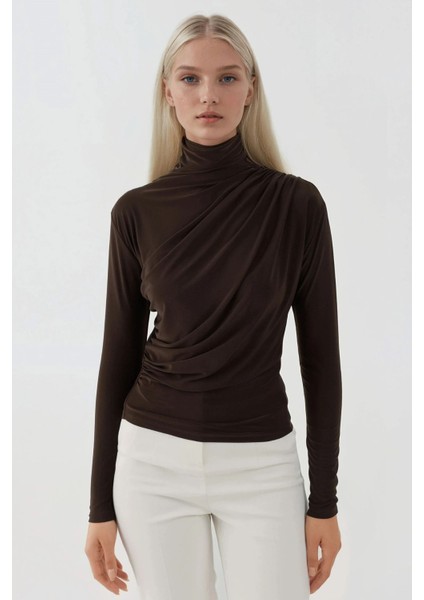 Kadın Şık Giyilebilir Uzun Kollu Örgü Üst Mocha Kahvesi