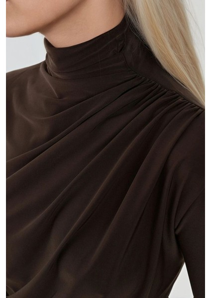 Kadın Şık Giyilebilir Uzun Kollu Örgü Üst Mocha Kahvesi