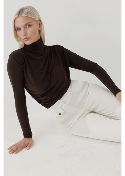 Kadın Şık Giyilebilir Uzun Kollu Örgü Üst Mocha Kahvesi