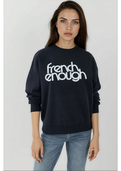 Kadın Baskılı Yuvarlak Yaka Uzun Kollu Sweatshirt Lacivert