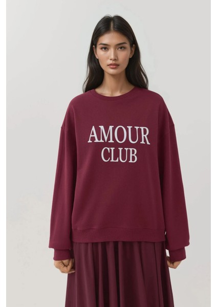 Kadın Baskılı Yuvarlak Yaka Rahat Kesim Sweatshirt Red fırsatları