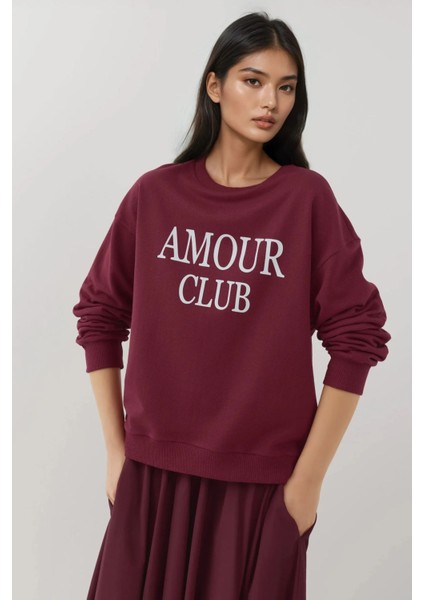 Kadın Baskılı Yuvarlak Yaka Rahat Kesim Sweatshirt Red