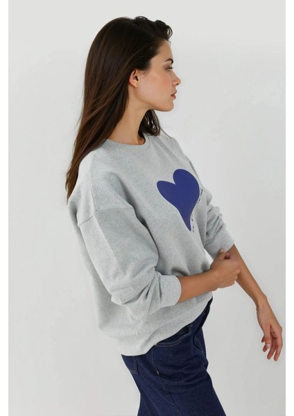 Kadın Baskılı Yuvarlak Yaka Sweatshirt Grey
