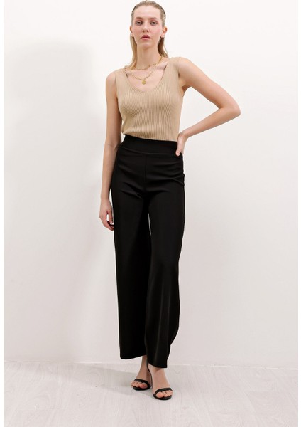 Kadın BDART Yüksek Bel Geniş Paça Örme Pantolon Black
