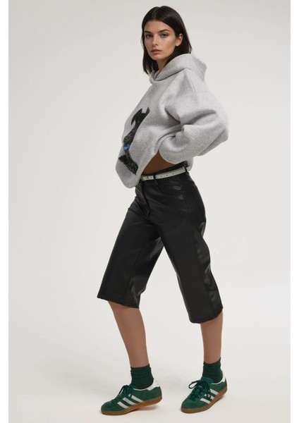 Kadın Oversize Baskılı Kapüşonlu Sweatshirt Gri