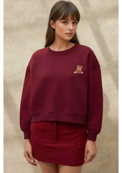 Kadın İşlemeli Rahat Kesim Pamuklu Sweatshirt Red