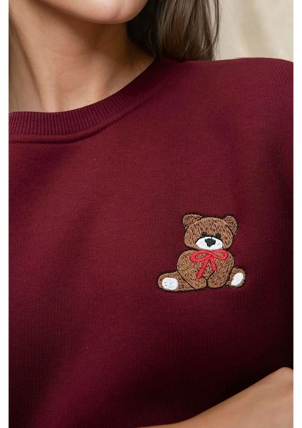 Kadın İşlemeli Rahat Kesim Pamuklu Sweatshirt Red