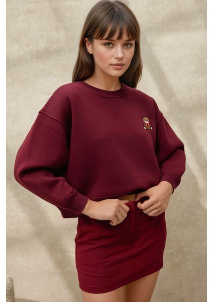 Kadın İşlemeli Rahat Kesim Pamuklu Sweatshirt Red