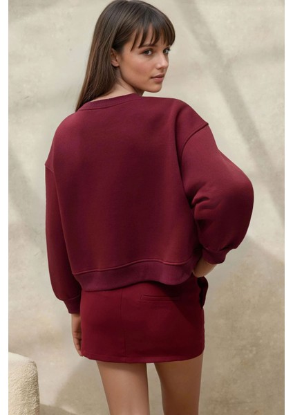 Kadın İşlemeli Rahat Kesim Pamuklu Sweatshirt Red