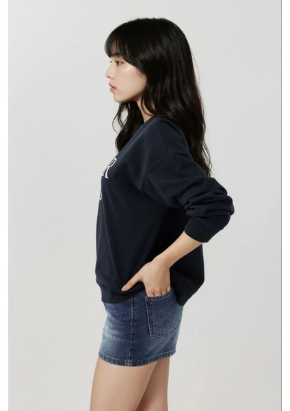 Kadın Baskılı Yuvarlak Yaka Rahat Kesim Sweatshirt Blue