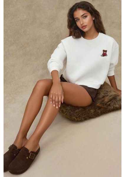 Kadın İşlemeli Rahat Kesim Pamuklu Sweatshirt White