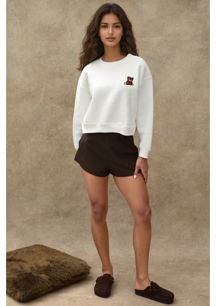 Kadın İşlemeli Rahat Kesim Pamuklu Sweatshirt White